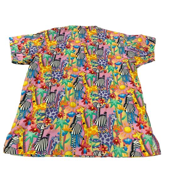 Peaches Uniforms Scrub Top Zebra Giraffe Birds Multicolor Dental Veterinarian - Picture 3 of 8
